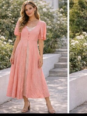 Women’s Coral Pink Maxi Dress with Button-Front and Short Sleeves